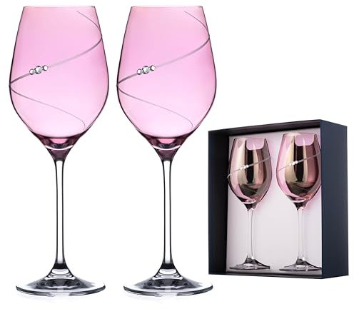 DIAMANTE Pink Wine Glasses Pair - 'Pink Silhouette’ - 2 Coloured Wine Glasses with Swarovski Crystals and Presentation Box Mother's Day Anniversary in Premium Gift Box