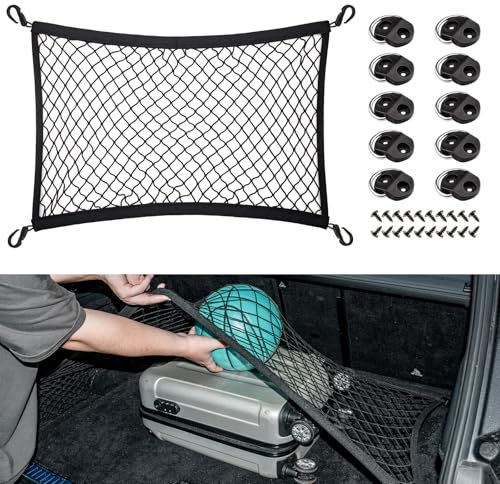 VEHIRIE Gepäcknetz Kofferraum Netz Organizer, Universal 70 x 50 cm Elastisch Auto Kofferraumnetz, Gepäckschutznetz, ladungssicherungsnetz und 10 Stück D Aufbauring Zurröse