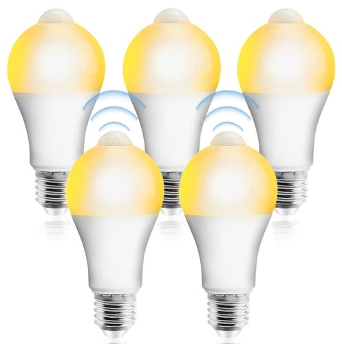 5 Stück E27 LED Glühbirne mit Bewegungsmelder, LEDBirne mit PIR Bewegungsmelder E27-LED Lampe 12W Warmweiß 2700K Lichtsensor Energiesparlampe für Flur, Garage, Treppe, Balkon