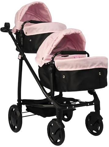 Dolly Tots Poussette de poupées jumelles, rose et noir, double avec poignée réglable et plusieurs options d'assise, convient à partir de 3 ans