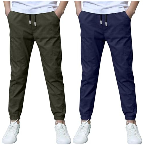 duxyoz Pantalon en lin pour garçons - Lot de 2 pantalons de jogging en coton avec cordon de serrage, poches, taille élastique - Pantalon de jogging ample décontracté - Costume décontracté - Pantalon