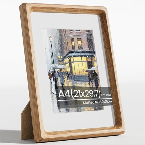 Feihorrm A4 Frame Solid Oak Wood A4 Picture Photo Frame W/ A5 Mount | Handcrafted A4 Certificate Frame 21x29.7cm with Mount for A5 Prints, Tempered Glass Document Frame for Wall/Tabletop Display