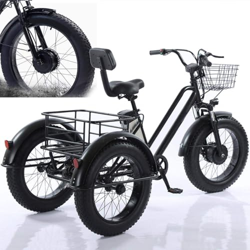 YhsPkAh Triciclo Eléctrico Tres Ruedas para Adultos: Batería Extraíble 48V/12Ah, Bicicleta De Carga Eléctrica De 20 Pulgadas, para IR De Compras Y Picnics, Carga Máxima De 200 Kg.