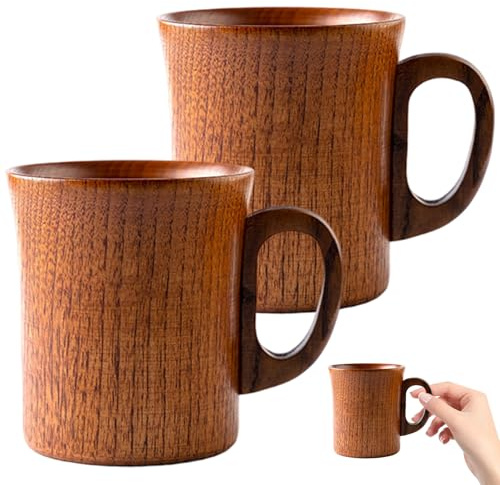 Joygoodta Trämugg, trämugg 2 st 13 x 10 cm 301-400 ml kopp med handtag slätt och robust trä för kaffe, mjölk, öl