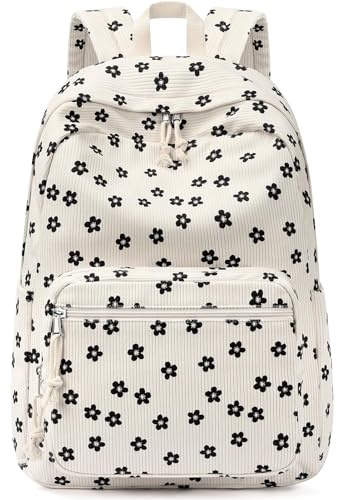 mibasies School Backpack for Girls with Laptop Sleeve: 18IN Large Capacity Corduroy Bookbag for Primary Middle School/College, Travel Daypack for Teens Women - Black Flower