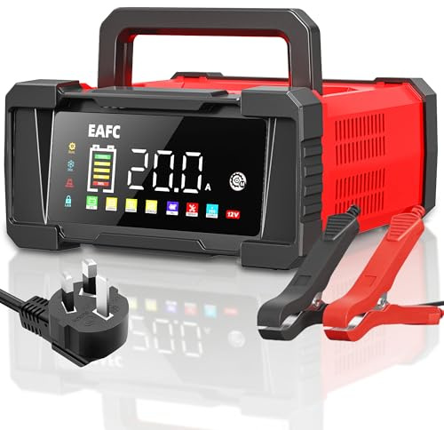 EAFC 20Amp 12V/24V Smart Car Battery Charger & Maintainer – Automatic Lead-Acid & LiFePO4 Battery Charger for Car, Motorcycle, Truck, Boat, Lawn Mower with LCD Display, Trickle Charge & Repair Mode