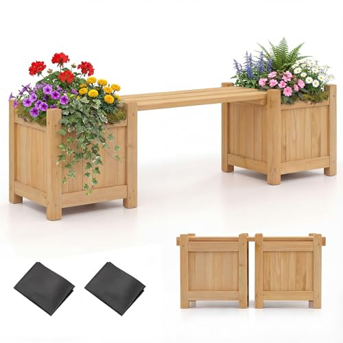 HOMASIS 3 en 1 Banc de Jardin en Bois de Sapin, Banc de Terrasse Extérieur avec 2 Bacs à Fleurs et 2 Plates-Bandes Latérales, Lit de Jardin Surélevé pour Jardin et Pelouse (Naturel,105x26,5x29,5cm)