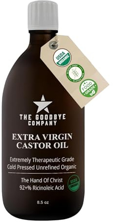 Goodbye Company USDA Organic Food Grade Cold-Pressed Castor Oil - 8.5 oz Glass Bottle, Hexane-Free, Extra Virgin, Small Batch Family Farm Ethically Sourced for Hair Growth, Digestion, Lashes, Brows