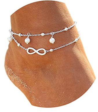 Ushiny Boho Ewig Fußkettchen Silver Pearl Bead Fußkettchen Sommer Fussketten Set Einfache Liebe Fußkette Schmuck für Damen