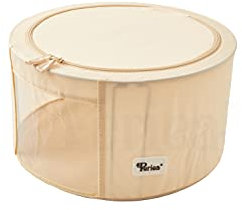 Periea 'Abby' Round Home Storage Boxes with Zip Lids, Front Window & Folding Steel Frame (Tan, Small)
