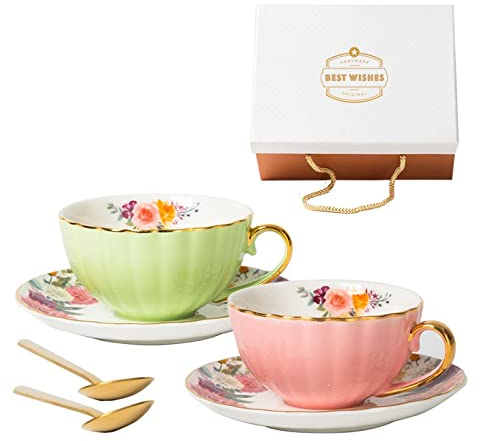 XNSHUN Kaffeetassen Tasse Und Untertasse Set Keramiktasse, Kaffeebecher Porzellan Tee Sets, Tasse Für Kaffee Tee Und Milch Spülmaschinengeeignete, Mit Untertasse Und Kaffeelöffel (Stil B)