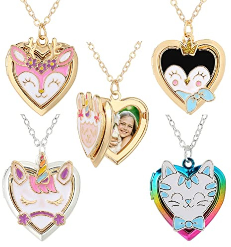 PinkSheep Heart Locket Necklace Picture Necklace for Girl Women Boy Kids Photo Secret Inside Storage Vintage Necklace Unicorn Deer Cat Pendant Kids Gifts Jewelry Young Girls Women