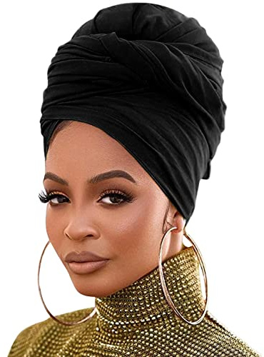 Pesonlook 1 Pieces Black Stretch Jersey Turban Head Wrap | Urban Hair Scarf Knit Headwraps Solid Color Ultra Soft Long Breathable Head Band Tie for Women