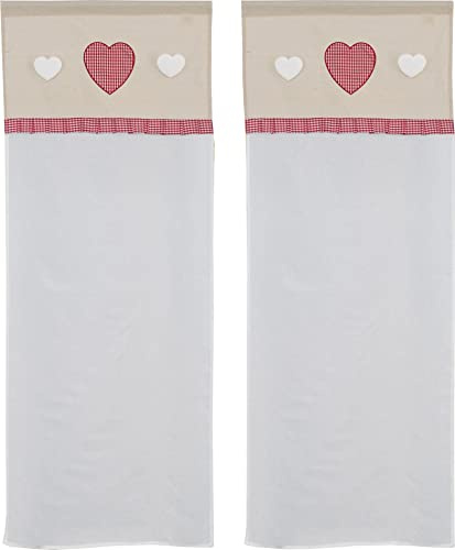 HOME ZEN HOUSEHOLD LINEN coppia di tendine a vetro da cucina art orleans shabby tessutto effetto lino seta in poliestere con mantovana scozzese e tre cuori applicati mis 60x240cm dis ricciolo rosso