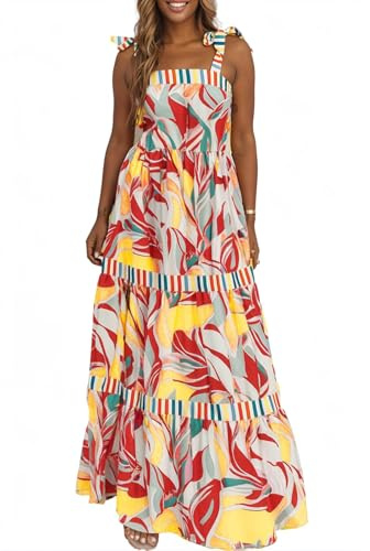 AlvaQ Women Summer High Waist Long Maxi Dress Spaghetti Strap Swing Sun Dress Multicolor Medium