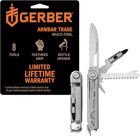 Gerber Gear Armbar Trade 8-in-1 Multi-tool - 2.5 Plain Edge Blade, Pry Bar, Hammer - EDC Gear and Equipment - Silver
