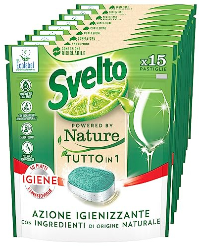 Svelto Powered By Nature Tutto in 1 Pastiglie Idrosolubili per Lavastoviglie Azione Igienizzante Agenti Anticalcare contro Sporco e Macchie - 9 Confezioni da 15 Pastiglie