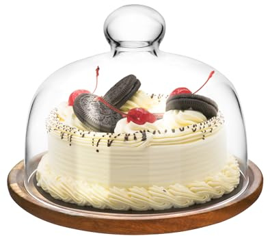 QWORK Campana de cúpula de vidrio con bandeja de madera de acacia, cubierta de exhibición de postres y queso de 7 pulgadas de diámetro con mango de perilla para un fácil acceso, bandeja versátil para