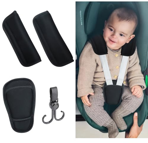 Scettar 3 Pieces Baby Pads Shoulder Strap and Crotch Cover Set, Baby Stroller Car Seat Strap Covers Universal with 1 Hook, Seat Belt Pads for Kids, Car Seatbelt Cushion, Seat Belt Pads for Kids