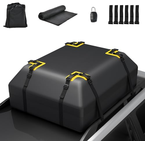 GOPLUS Cofre de techo para coche de 400 L, impermeable, para coche con/sin portaequipajes, con alfombrilla antideslizante y 6 ganchos para puerta, caja de almacenamiento para viajes y transporte de