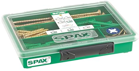 SPAX surtido pequeño, juego de tornillos de 4 dimensiones + espiga, 130 unidades, cabeza avellanada, ranura en cruz Z, YELLOX - 4000001992079