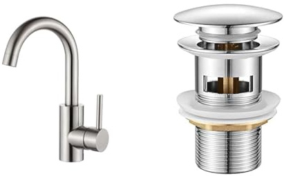 GRIFEMA Wasserhahn Bad mit 50cm Kalt/Warmwasser Anschluss-Waschtischarmatur 360° Drehbar & Ibergrif M20502, Universal Ablaufgarnitur POP UP- Anti-Blocking, Auslaufsicher