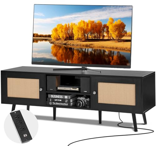 VEVOR Rattan-TV-Ständer für 165 cm Fernseher, Boho-TV-Ständer mit Rattantür, Fernsehschrank mit eingebauter Steckdose und USB-Anschlüssen, Moderne TV-Konsole für Wohnzimmer, Medienraum, schwarz