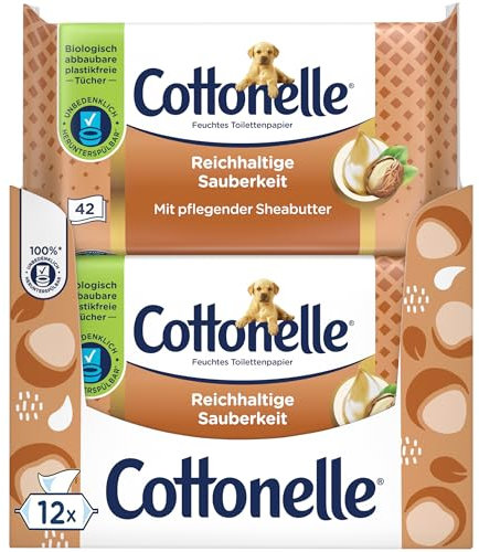 Cottonelle Feuchtes Toilettenpapier, Mein Spa Erlebnis - Kaschmir und Shea Butter, Biologisch Abbaubar, Plastikfrei, Wiederverschließbar, Vorteilspack, 12 x 42 Feuchttücher