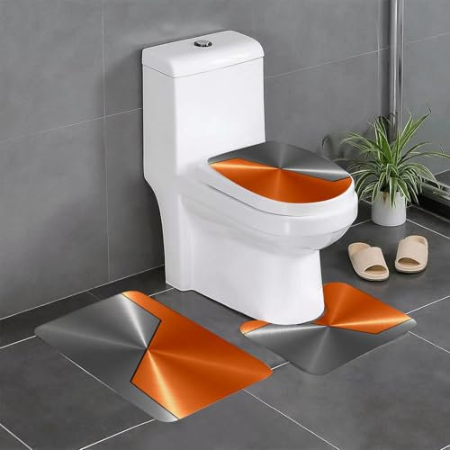EYLOZS Badezimmerteppich Set 3 Teilig Waschbar rutschfeste Badematte Toilettenmatte Weich Saugfähige Badteppiche,Orange und Grau, Stahlstruktur