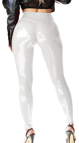 Mstaad Legging en similicuir verni pour femme - Taille haute - Laque - Latex brillant - Tenue de concert
