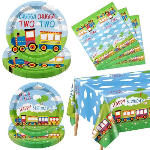 61Pcs Train 2nd Birthday Decorations, Including Paper Plates Napkins Tablecloth Chugga Chugga Two Two Birthday Party Decorations for Boys Transportation Party Supplies, Serve 20