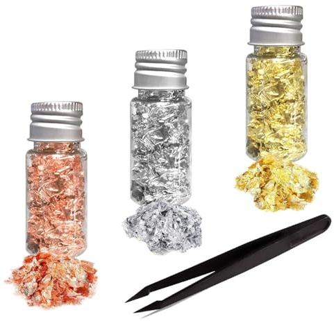 Funngy LáMina de Oro para Resina,3 Botellas Copos de Oro Lámina Decorativa Copos de Hojas MetáLicos Multifunción Papel Aluminio Dorado con Pinzas para DIY Uñas Arte Resina Manualidades Decoración