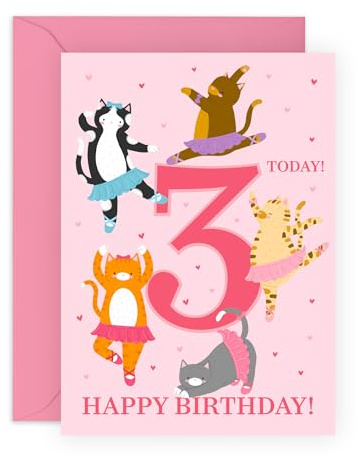 Carte d'anniversaire de 3 ans pour enfants – Chat mignon ballerines – Tournant trois cadeaux pour fille, nièce, cousine, petite-fille, enfants, tout-petits, petites filles, elle de la famille – Livré
