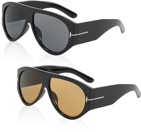 SAIIURV 2 Pairs Funky Cool Oversized Retro Sunglasses For Women Men, Big Frame Retro Trendy 70s 80s Flat Top Square Oversized Sun glasses for Driving UV Protection (2PCS)