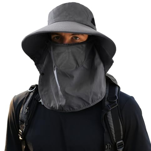 TAGVO Solhatt för män med brett brätte och avtagbart nackskydd, UV-skydd utomhus fiskarhatt med justerbar hakrem, vandringshatt, safari-hatt för trädgårdsarbete camping jakt, Mörkgrå, one size