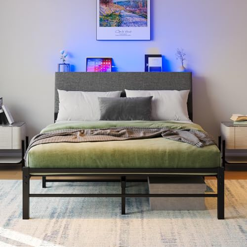 VECOCHO Sängram 120 x 200 med ribbotten av metall, ungdomssäng, 120 x 200 med sänggavel och förvaringsutrymme, sängram 120 x 200 cm med LED-belysning, gästsäng, dubbelsäng ingen resårsäng krävs, svart