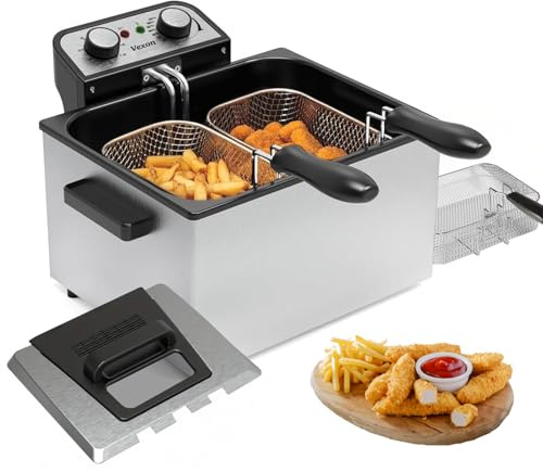 1800W 5 Liters/21 Cups Large Electric Deep Fryer with 3 Frying Baskets, Adjustable Temperature,View Window Lid,Countertop Stainless Steel Body Deep Fryer Pot,Perfect for Kitchen, Fry Fish for Home Use