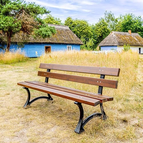 REKORD Banc de Jardin 170 x 59 x 73 cm Banc d’extérieur Robuste en métal et Bois avec Dossier résistant aux intempéries pour Parc terrasse et Avant-Cour – Lodzka – Palissandre