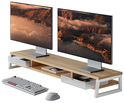 Fenge Elevador Monitor Dobble , Soporte Monitor Escritorio con 2 Cajones de Acrílico, Organizador de Escritorio para PC/fax/impresora/TV, 108 x 25,5 x 13,8 cm, Carga de 45 kg (Roble oscuro)