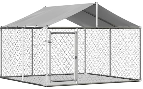 Hundezwinger Outdoor 230x230x117 cm mit Dach, Schwerlast Hundeauslauf aus verzinktem Stahl, Outdoor Hundezwinger mit Sicherheitstür & wasserdichter Plane, robuster Haustierkäfig für Garten