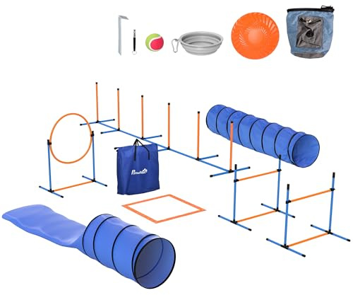 PawHut - Ensemble d'Agilité pour Chien 11 Pièces avec 2 Tunnels, Sauts Ajustables, Anneau, Piquets, Zone de Pause, Sac pour Friandises, Parcours d'Obstacle Intérieur et Extérieur avec Sac de Transport