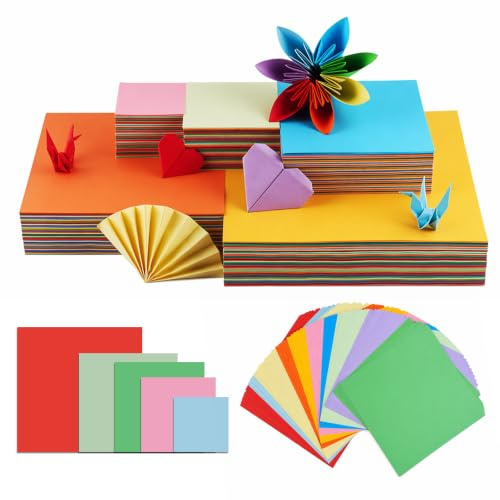 Papel Origami 500 Hojas, Cartulinas Colores Cuadradas 5 Tamaños (7x7 a 20x20 cm), 10 Colores Brillantes, Papel Papiroflexia para Niños y Manualidades Adultos, Pulpa de Madera