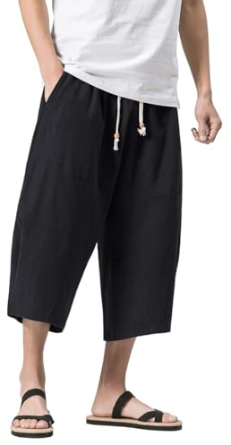 MAGNIVIT Men's Japanese Pants Baggy Capri Pants Loose Fit Linen Casual Pants with Pockets Black 38