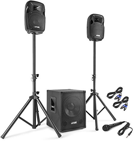 MAX MX700 DJ Boxen Set mit einem aktiven 12 Zoll Subwoofer und Zwei Passive 8 Zoll Lautsprecher, 700 Watt PA Anlage Komplettset für Mobile DJs und Musiker auf kleinen Veranstaltungen, Schwarz