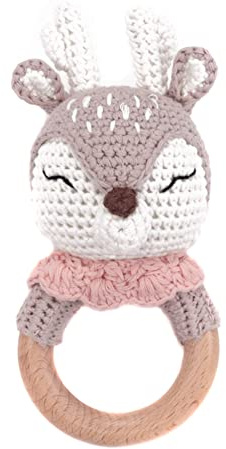 Jouet de préhension pour bébé hochet anneau de dentition, hochet animal mignon au crochet avec anneau en bois anneaux de préhension renard tigre lion lapin bébé jouet Montessori à partir de 3 mois