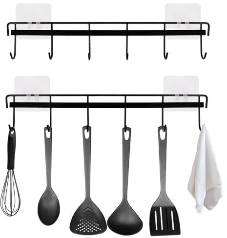 Support d'ustensile de Cuisine, Crochets de Cuisine Auto-Adhésif, Support avec 6 Crochets Barre de Cuisine Sans Perçage, Porte Ustensiles de Cuisine pour Salle de Bain Placards Meuble Chambre