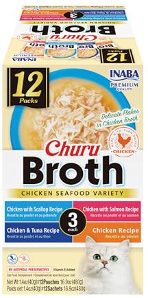 INABA Churu Broth for Cats, Side Dish Pouch, 1.4 Ounces per Pouch, 12 Pouches, Chicken & Seafood Variety