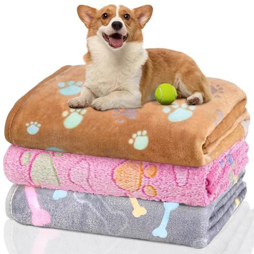 AKOFIC 3-pack hundfiltar tvättbara, mjuka flanell fleece husdjur valpfiltar, tassavtryck fluffigt husdjur sofföverdrag kasta, varma sovande husdjur filtar för liten medium stor hund katt, 40 x 60 cm