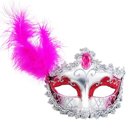 Vintage Venetian Feather Masquerade Mask for Women Carnival Mardi gras Party Costume Accessory (Pink)