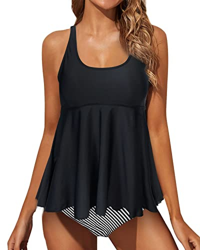 JFAN Tankini Donna Mare Costume Donna Due Pezzi Gonna Tankini e Slip da Bagno Donna Bikini Controllo Pancia Strisce Nere XXL